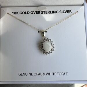 NEW! Genuine Opal and White Topaz Necklace Pendant Sterling Silver and 18K Gold